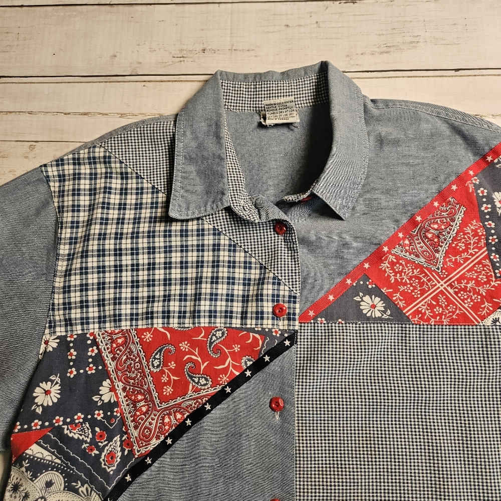 VTG Napa Valley Patchwork Denim Shirt‎ XL Bandana Plaid Cottagecore Grandmacore